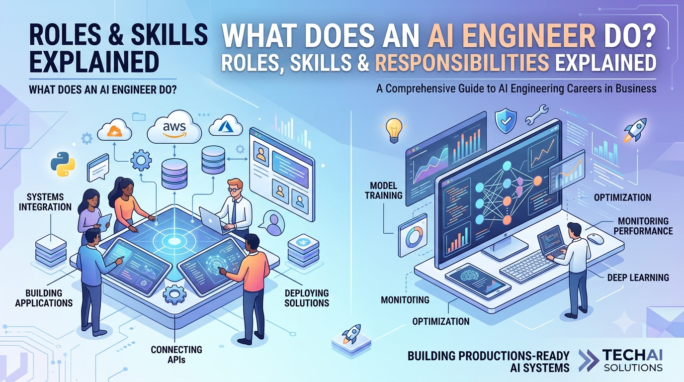 Illustration detailing what an AI engineer does, including software integration, building applications, deployment, and cloud infrastructure.